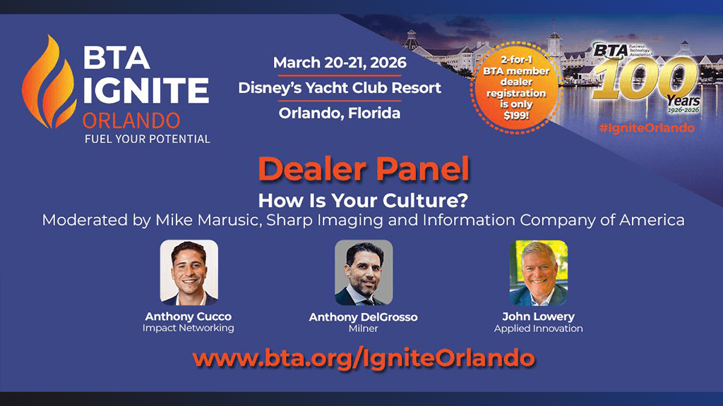 BTA IGNITE Orlando 2026 dealer panel graphic titled “How Is Your Culture?” featuring moderator Mike Marusic and panelists from Impact Networking, Milner, and Applied Innovation.