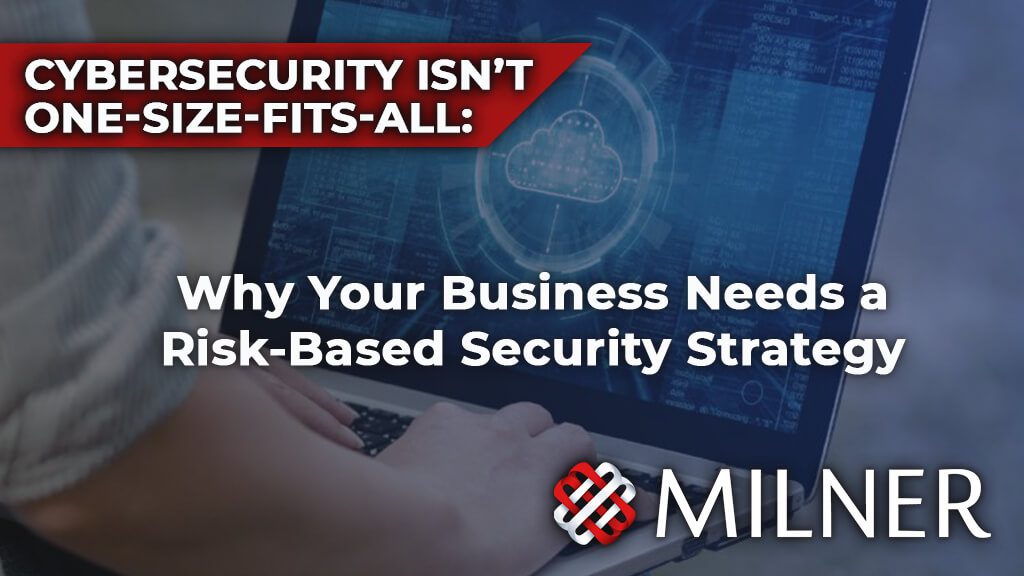 Laptop displaying cybersecurity interface with cloud protection graphic and headline about risk-based security strategy by Milner.